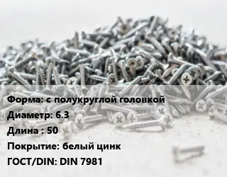 Шуруп с полукруглой головкой 6.3х50 белый цинк ГОСТ: DIN 7981